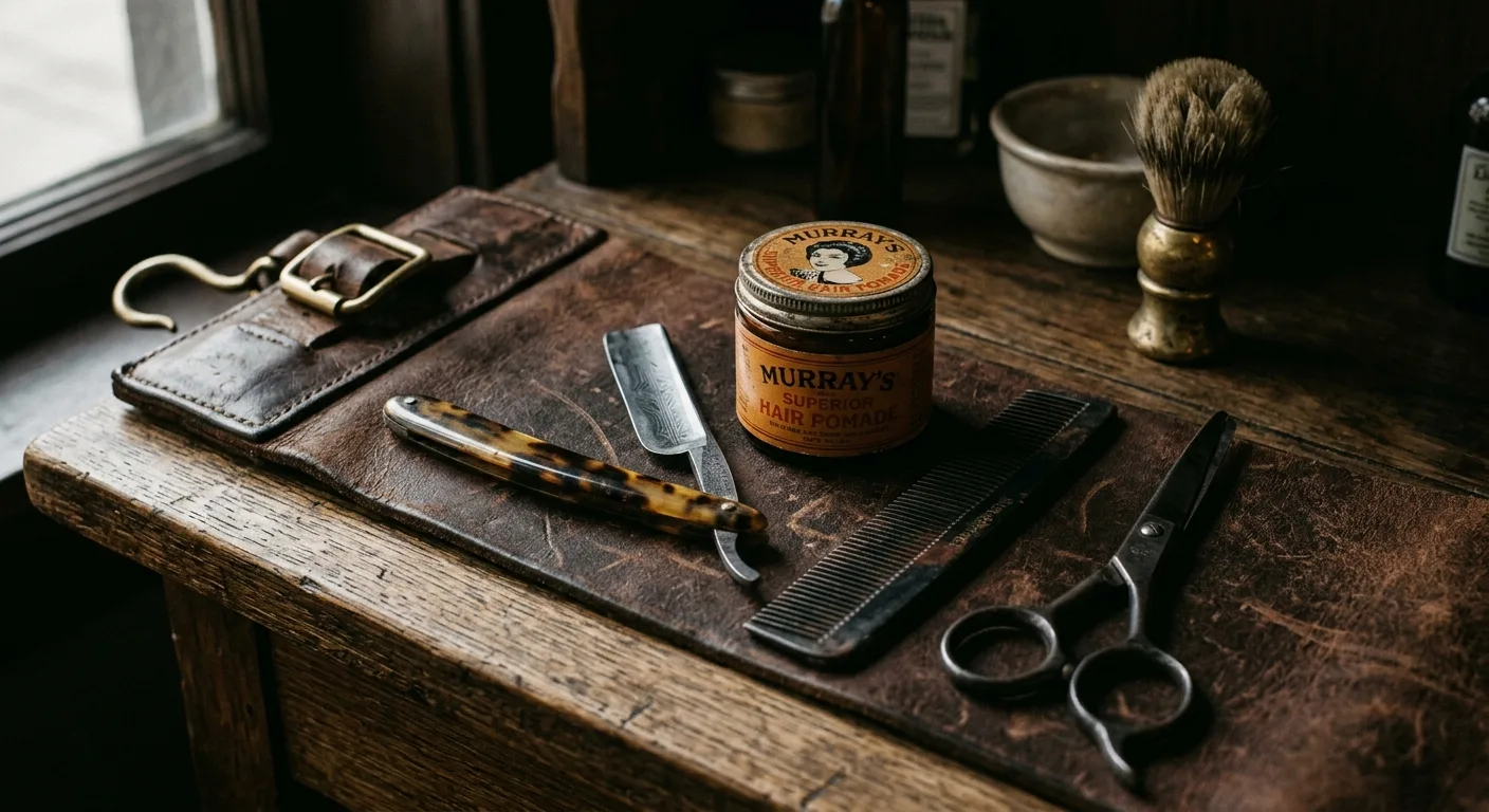 Barber tools, clippers and shaving brushes laid out on the counter at The Barber Co.